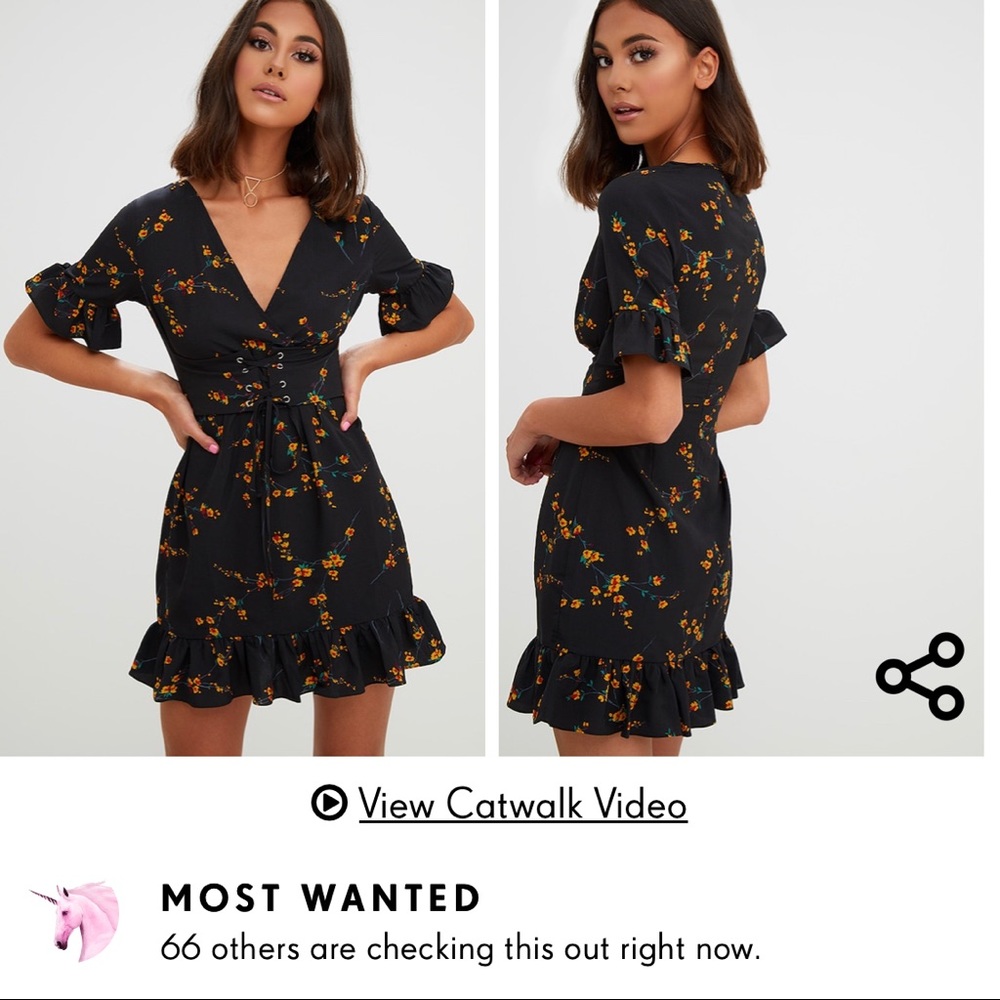 PRETTYLITTLETHING Black Floral Corset Swing Dress